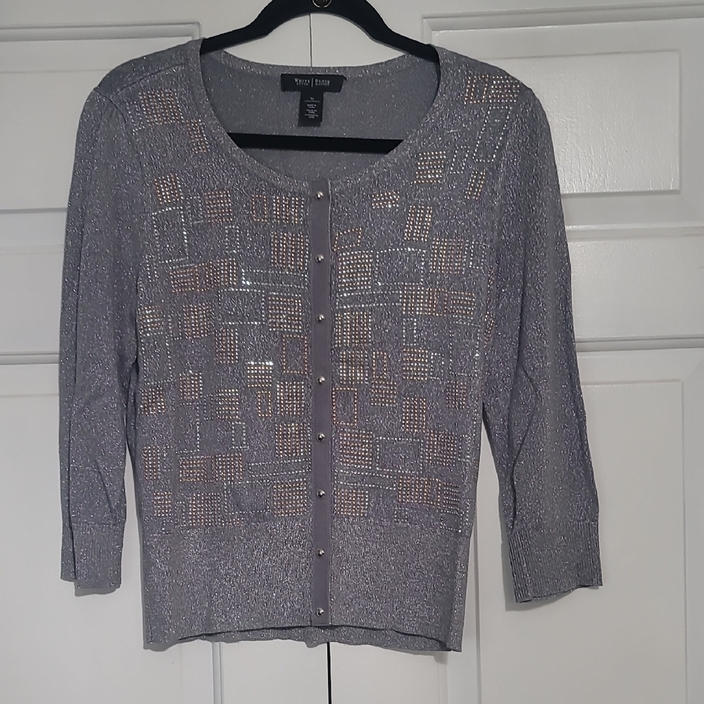 White House Black Market Silver Gray Sparkle Crewneck Cardigan